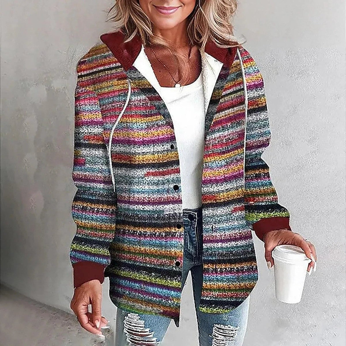 Long Sleeve Chunky Knit Cardigan Sweater with Plaid Print and Open Front