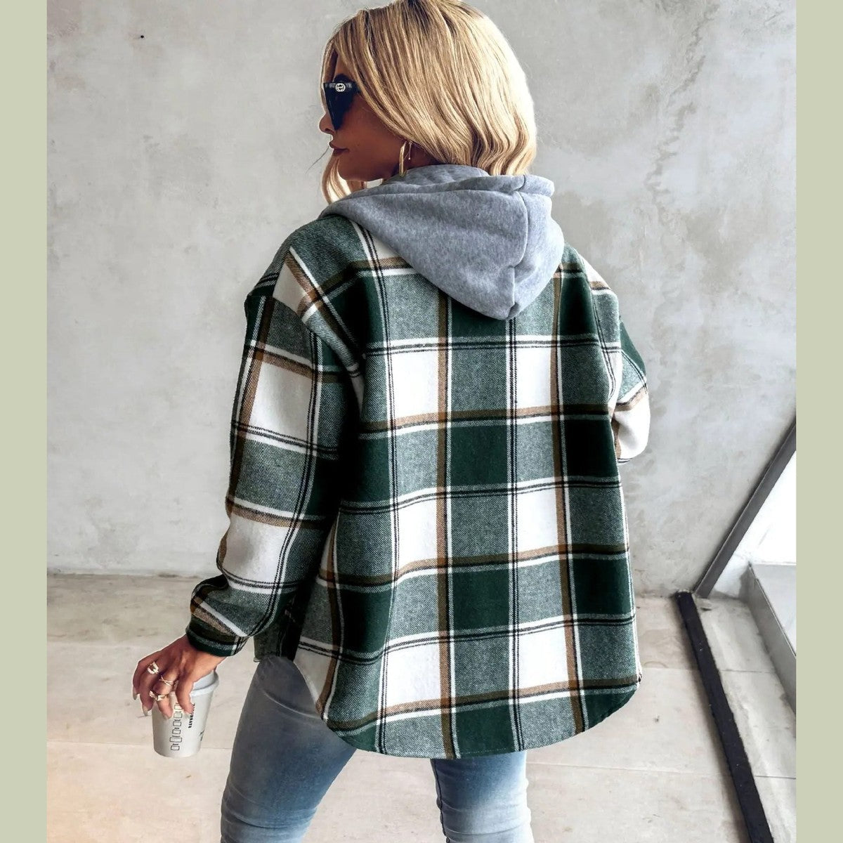 Long Sleeve Chunky Knit Cardigan Sweater with Plaid Print and Open Front