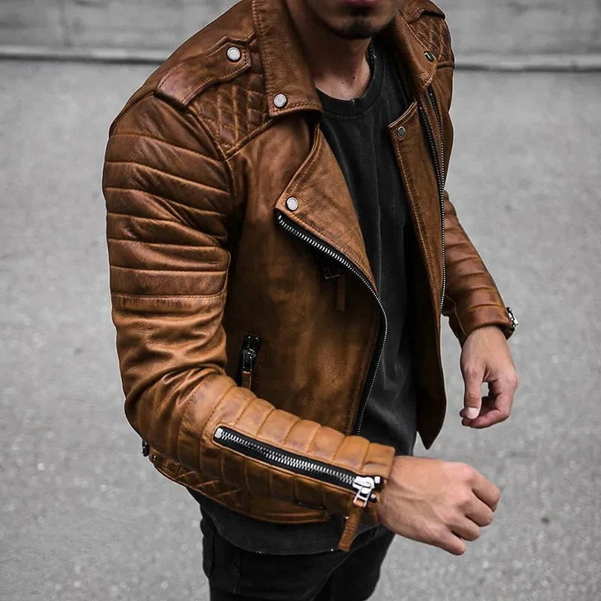 Men Classic Faux Leather Motorcycle Jacket with Stand Collar and Zipper Pockets