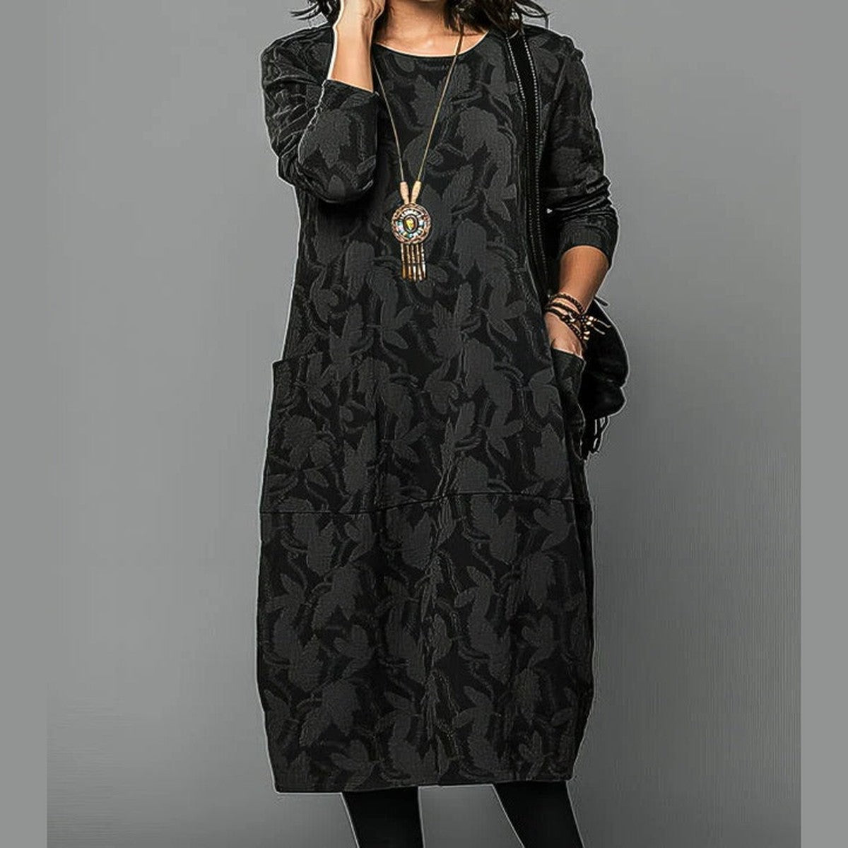 Long Sleeve Casual Midi Dress with Button Front and Side Pockets