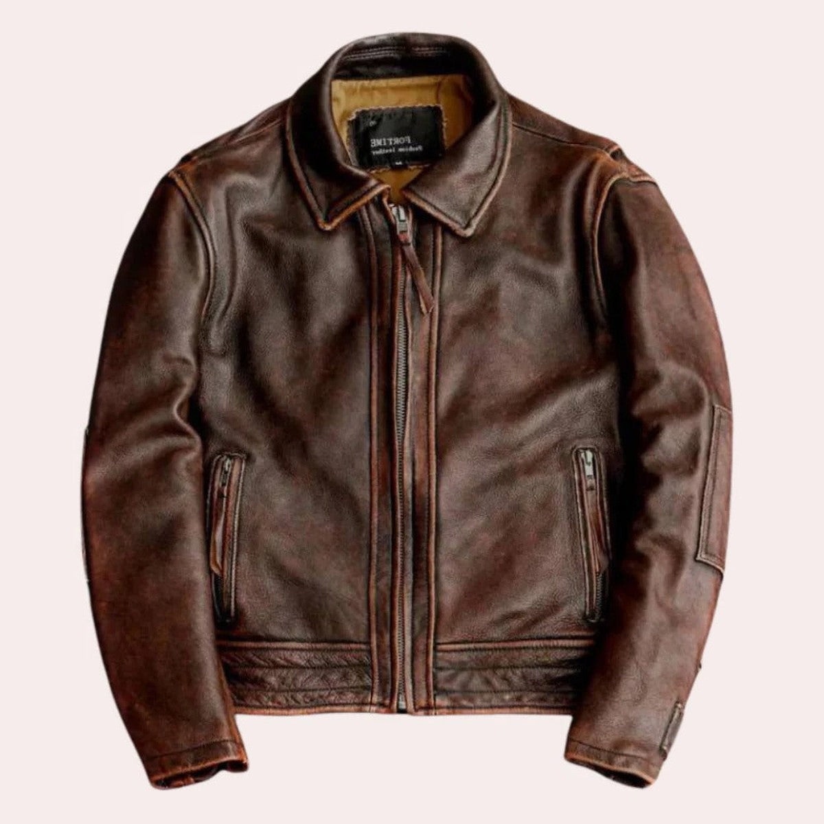 Vintage Brown Faux Leather Bomber Jacket with Ribbed Trim and Zip Front