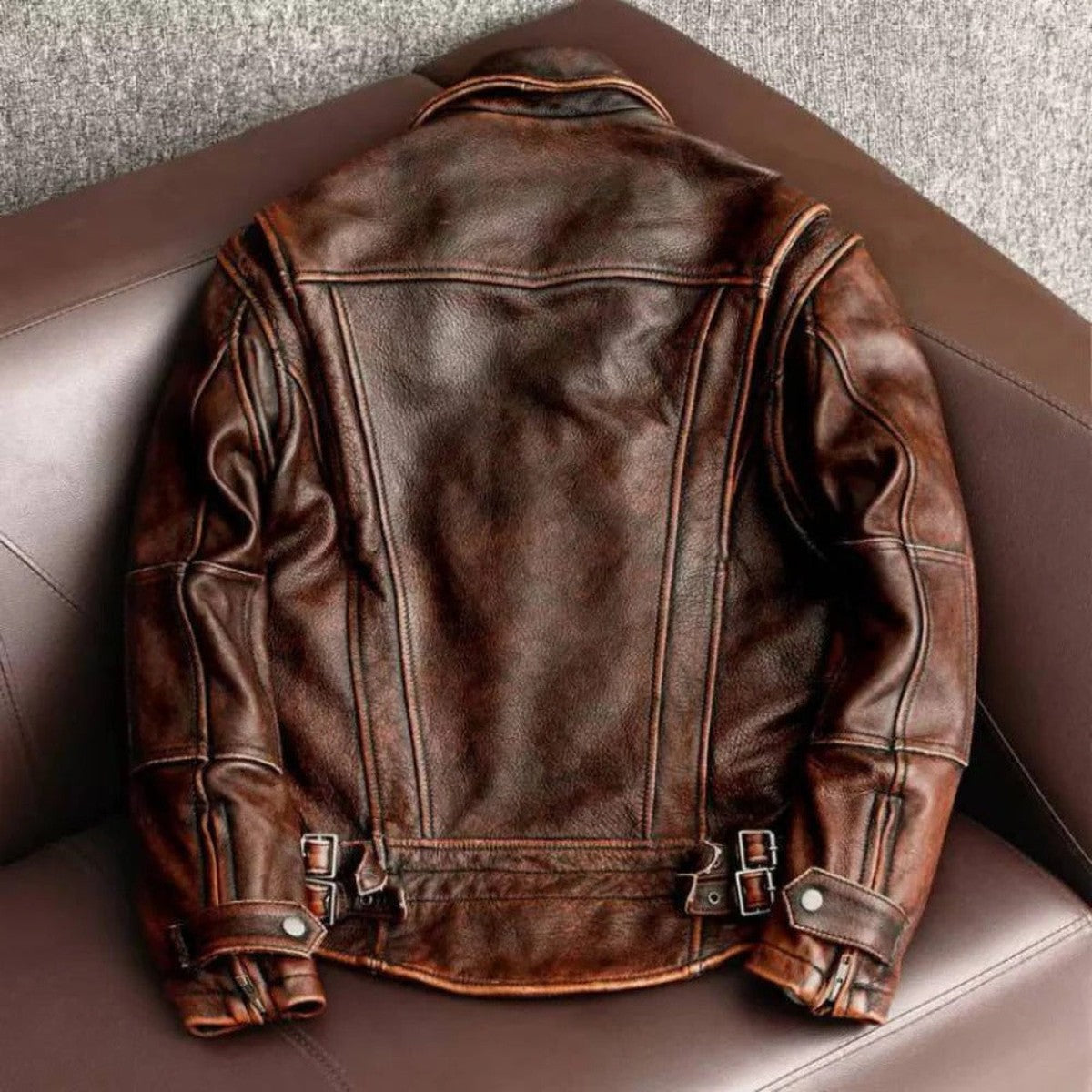 Vintage Brown Faux Leather Bomber Jacket with Ribbed Trim and Zip Front