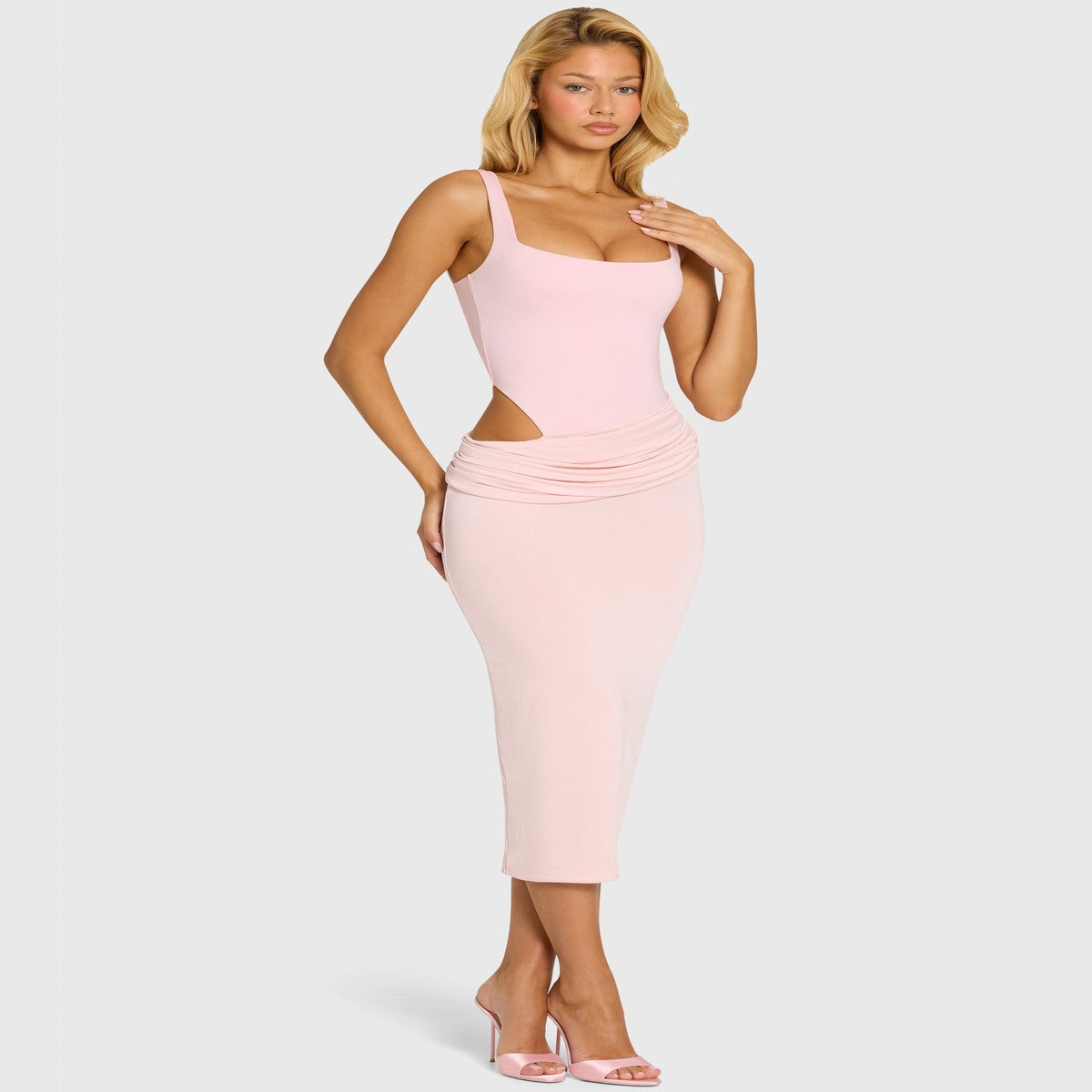 One Shoulder Bodycon Midi Cocktail Dress with Draped Asymmetric Bodice in Pastel Pink