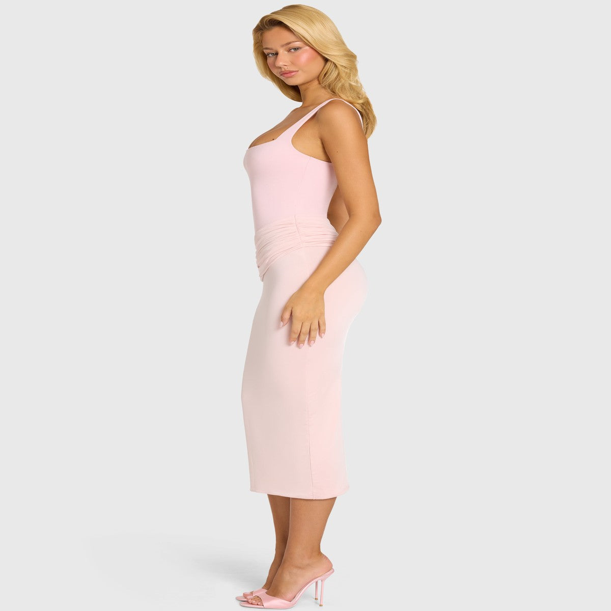 One Shoulder Bodycon Midi Cocktail Dress with Draped Asymmetric Bodice in Pastel Pink
