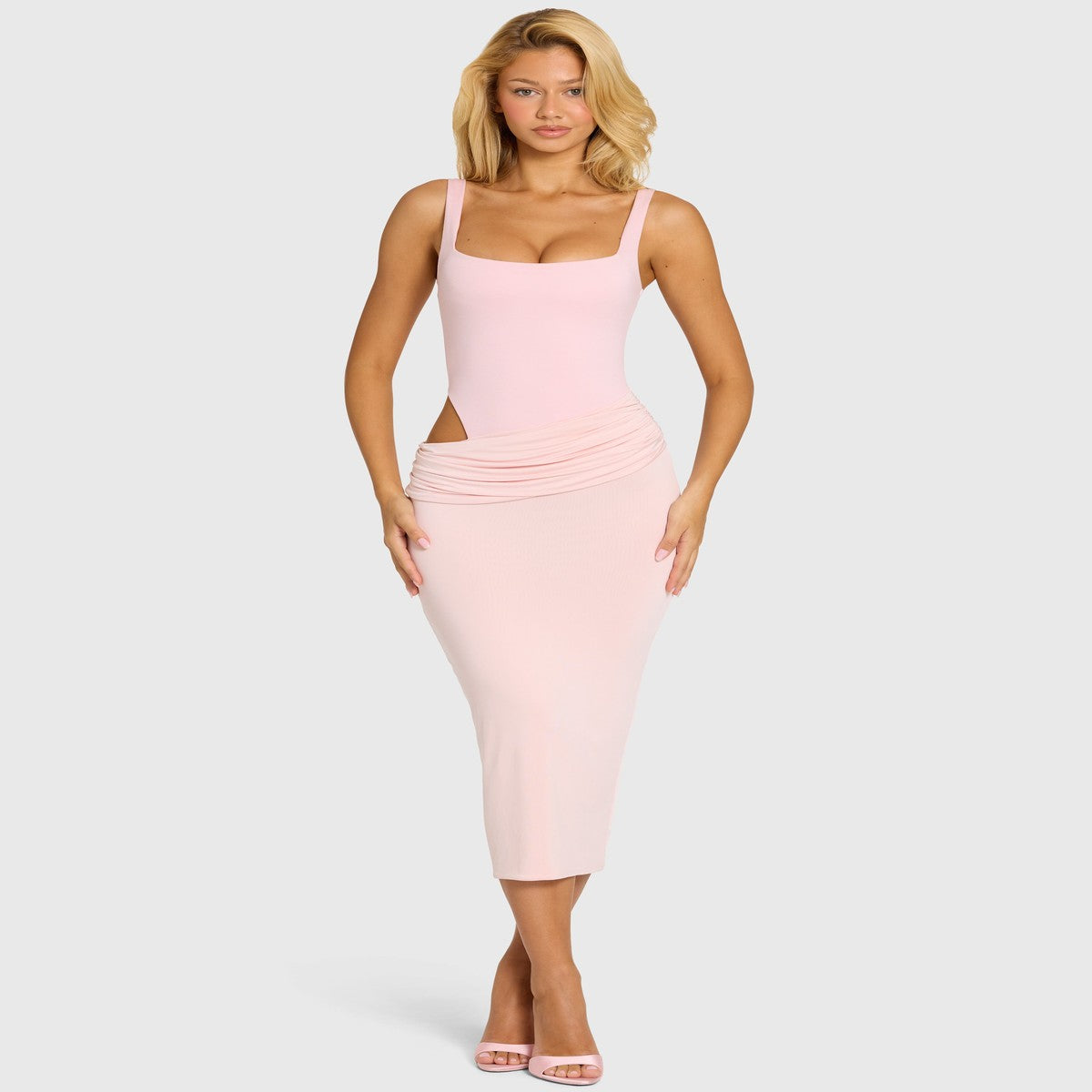 One Shoulder Bodycon Midi Cocktail Dress with Draped Asymmetric Bodice in Pastel Pink