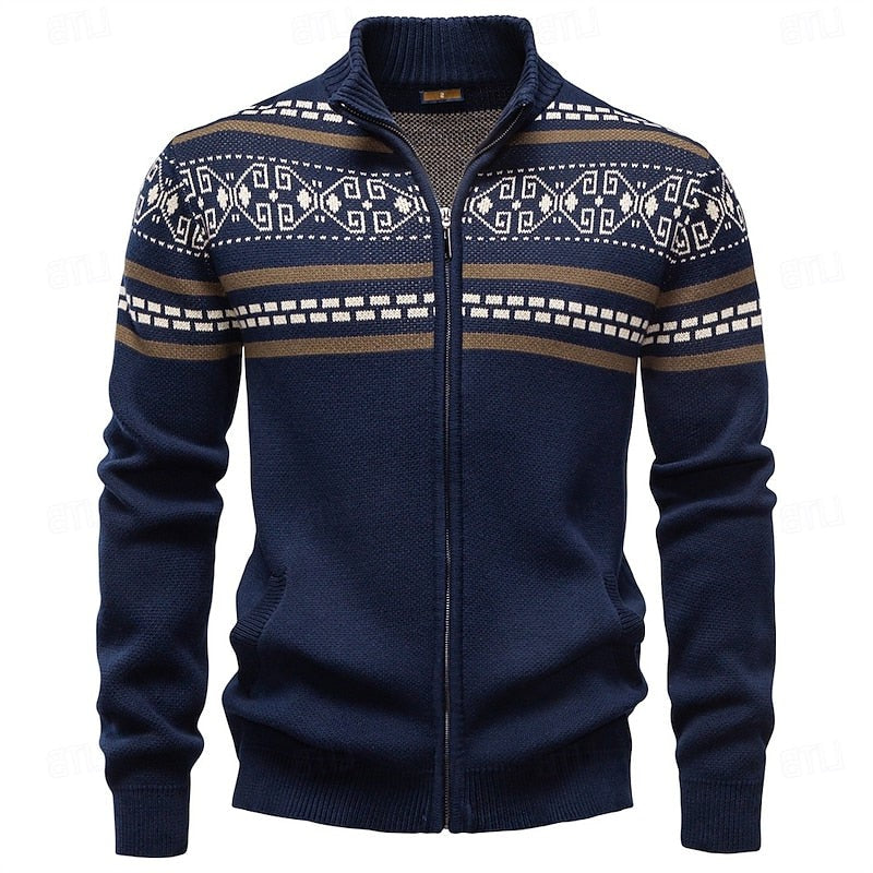Mens  Knit Cardigan Sweater with Full Zip and Ribbed Trim