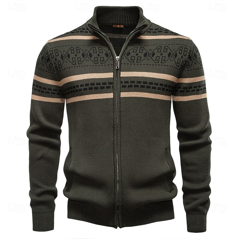 Mens  Knit Cardigan Sweater with Full Zip and Ribbed Trim