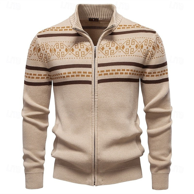 Mens  Knit Cardigan Sweater with Full Zip and Ribbed Trim