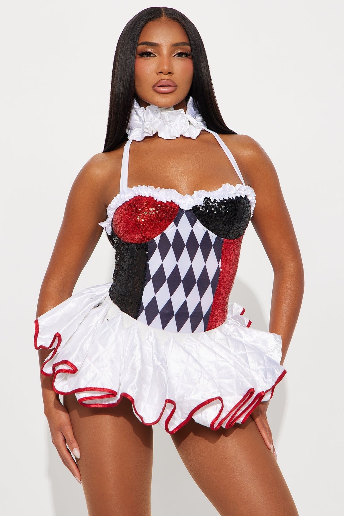 Three Piece Clown Costume Set with Romper and Ruffled Collar, Red Combo