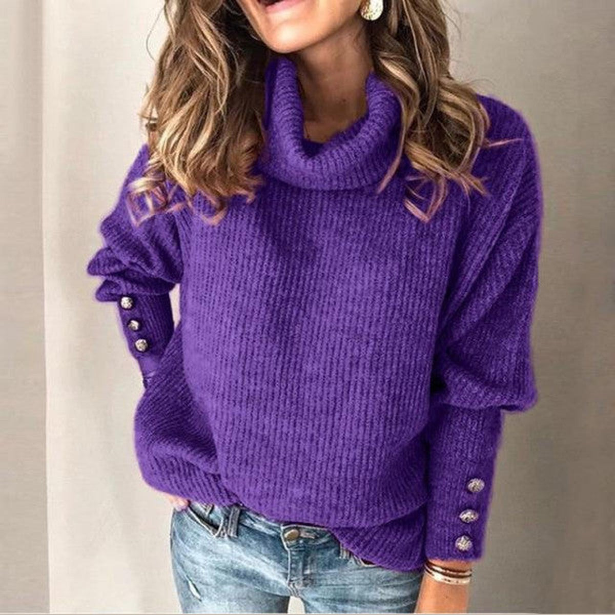 Men High Neck Knit Pullover with Button Collar and Long Sleeves