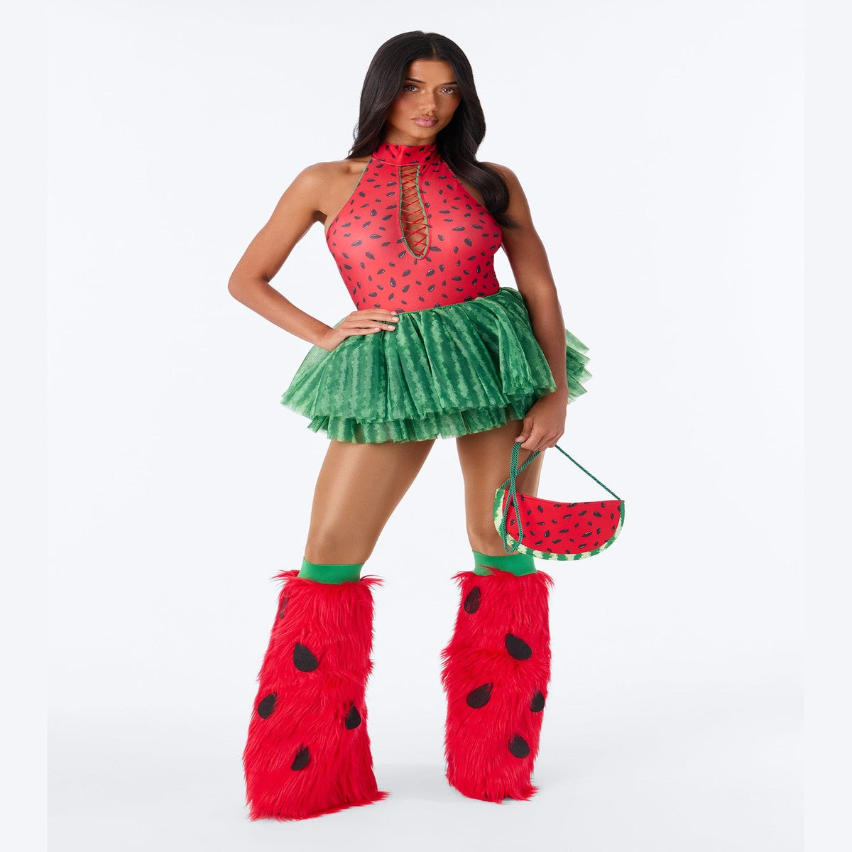 Watermelon Theme Women Halloween Costume with Striped Corset and Ruffled Skirt