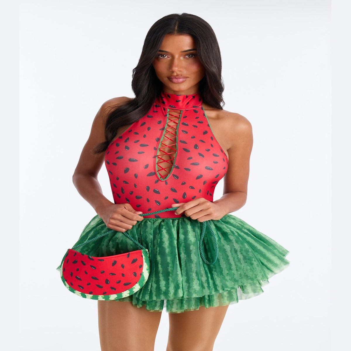 Watermelon Theme Women Halloween Costume with Striped Corset and Ruffled Skirt