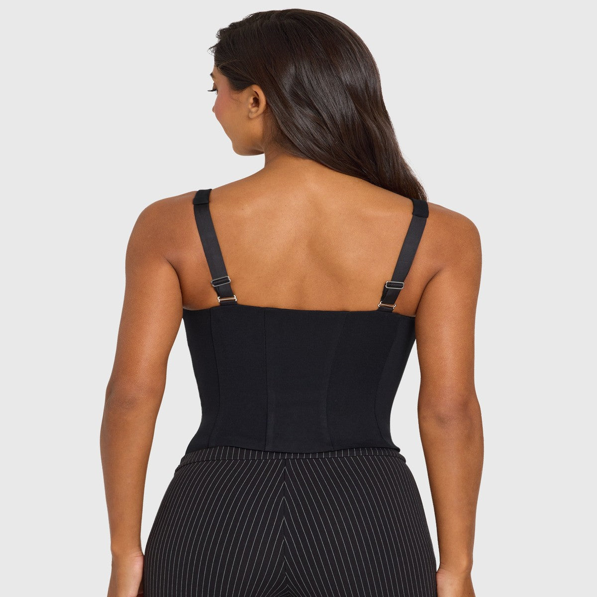 Square Neck Sleeveless Corset Top with Boning and Curved Hem in Black