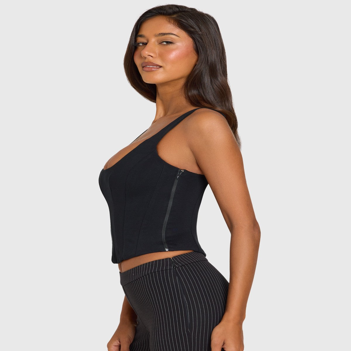 Square Neck Sleeveless Corset Top with Boning and Curved Hem in Black