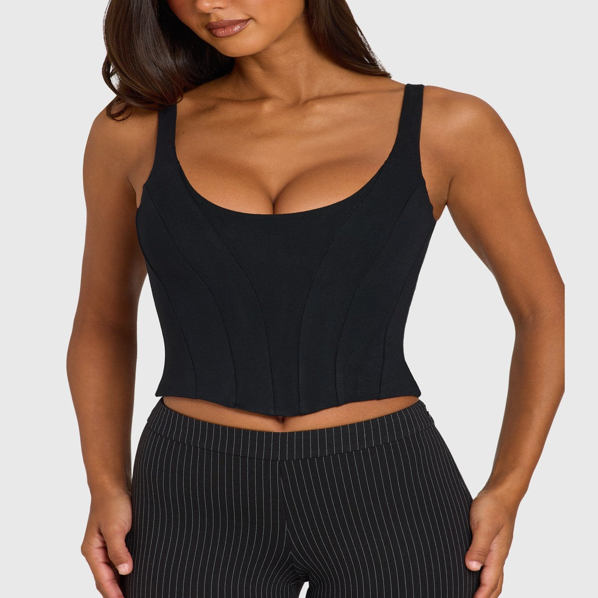 Square Neck Sleeveless Corset Top with Boning and Curved Hem in Black