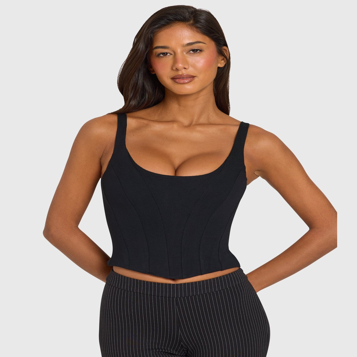 Square Neck Sleeveless Corset Top with Boning and Curved Hem in Black