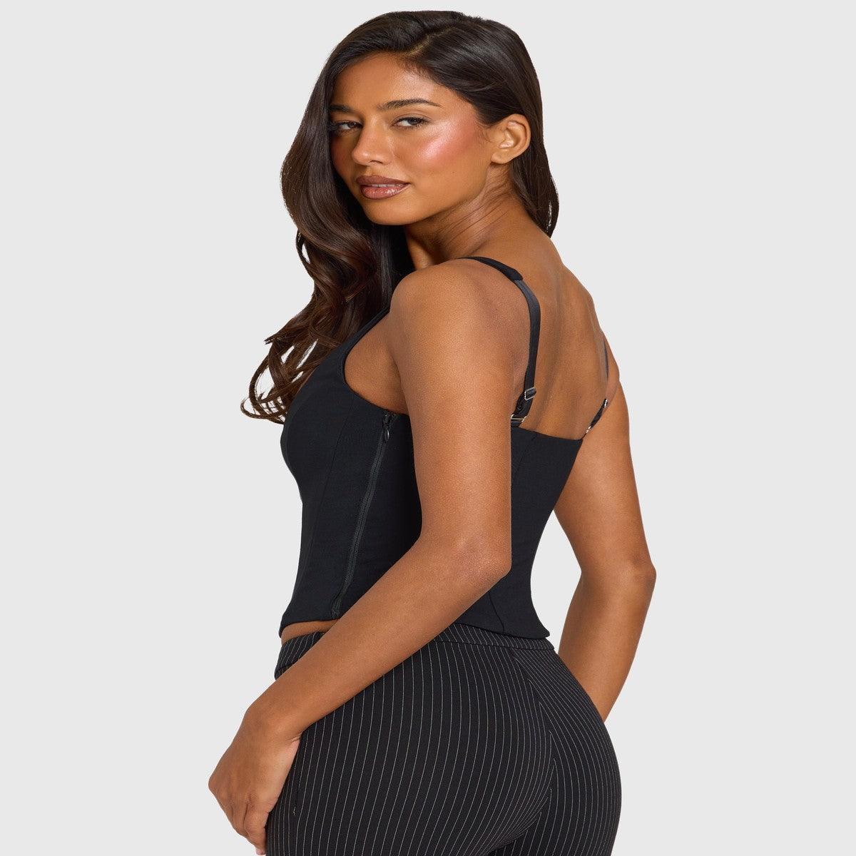 Square Neck Sleeveless Corset Top with Boning and Curved Hem in Black