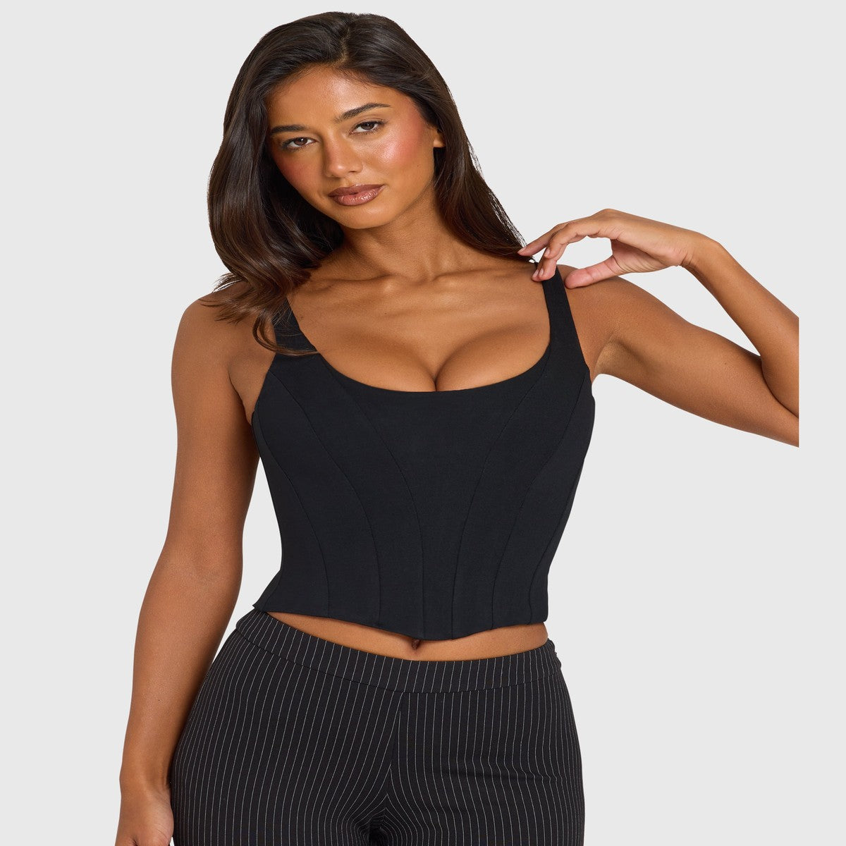 Square Neck Sleeveless Corset Top with Boning and Curved Hem in Black