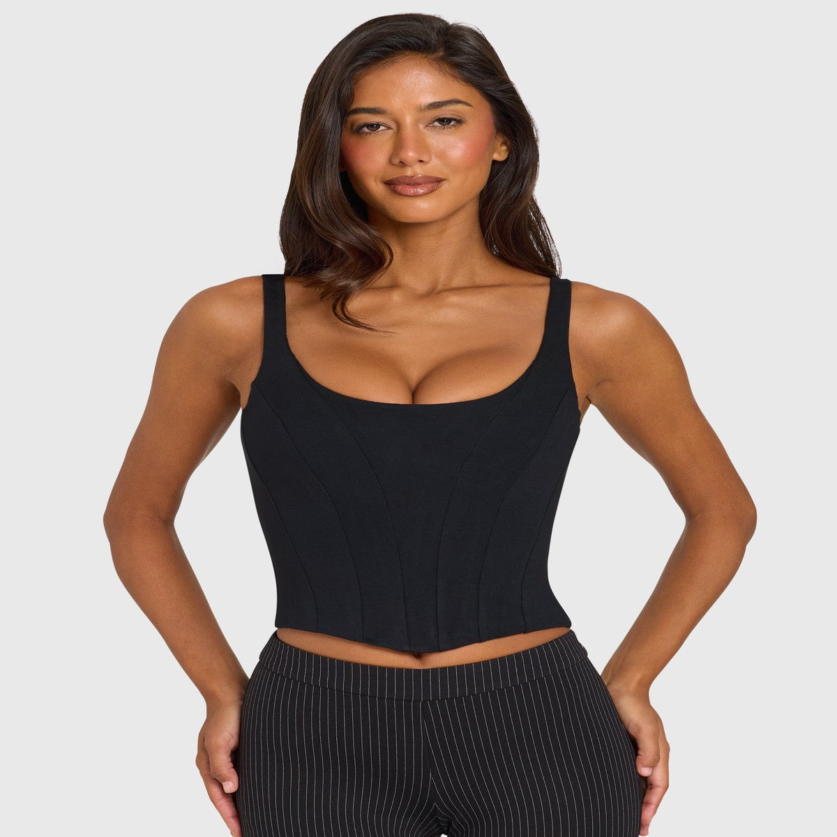 Square Neck Sleeveless Corset Top with Boning and Curved Hem in Black