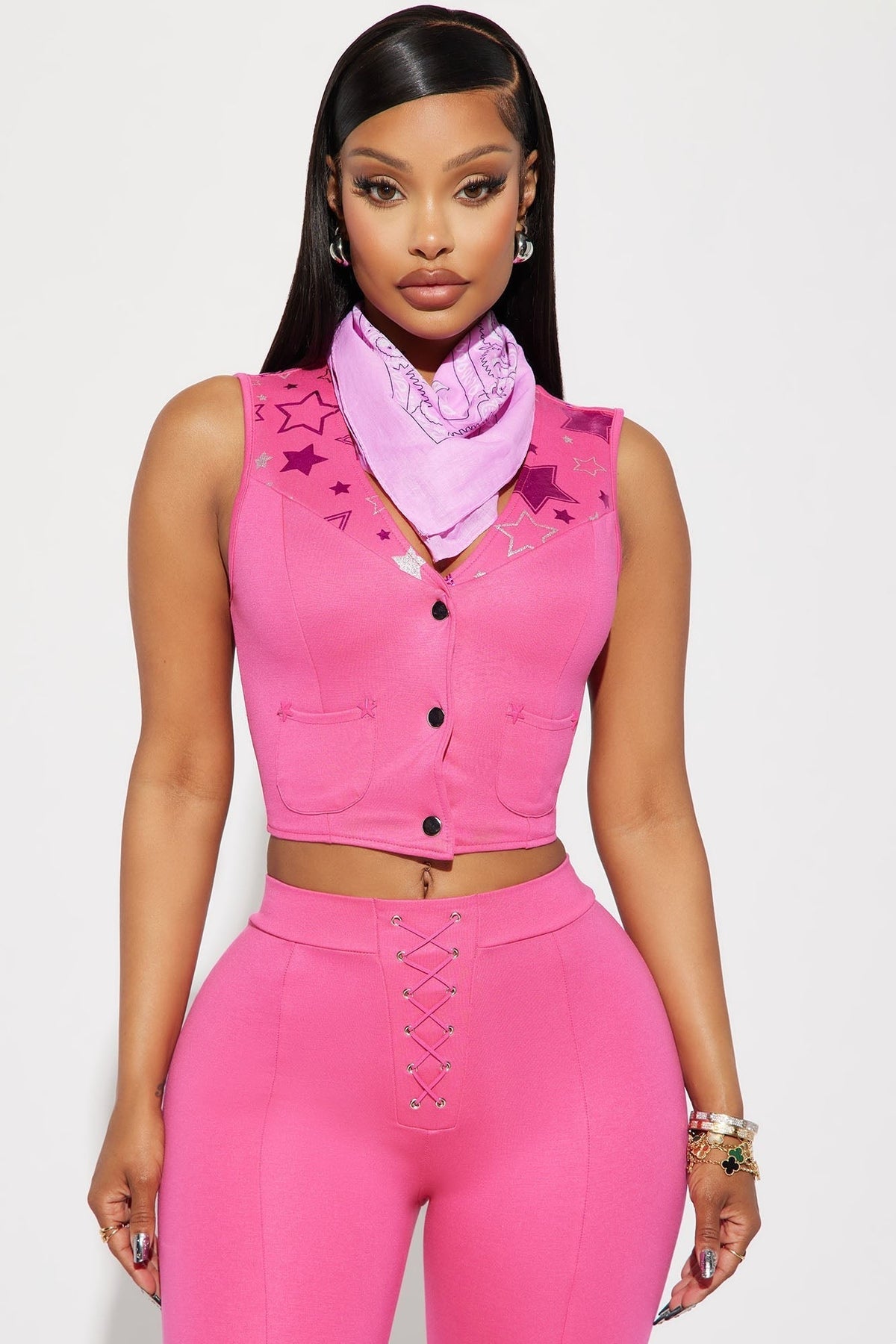 Western Costume Set with Vest and Bell Bottom Pants, Pink Neck Scarf