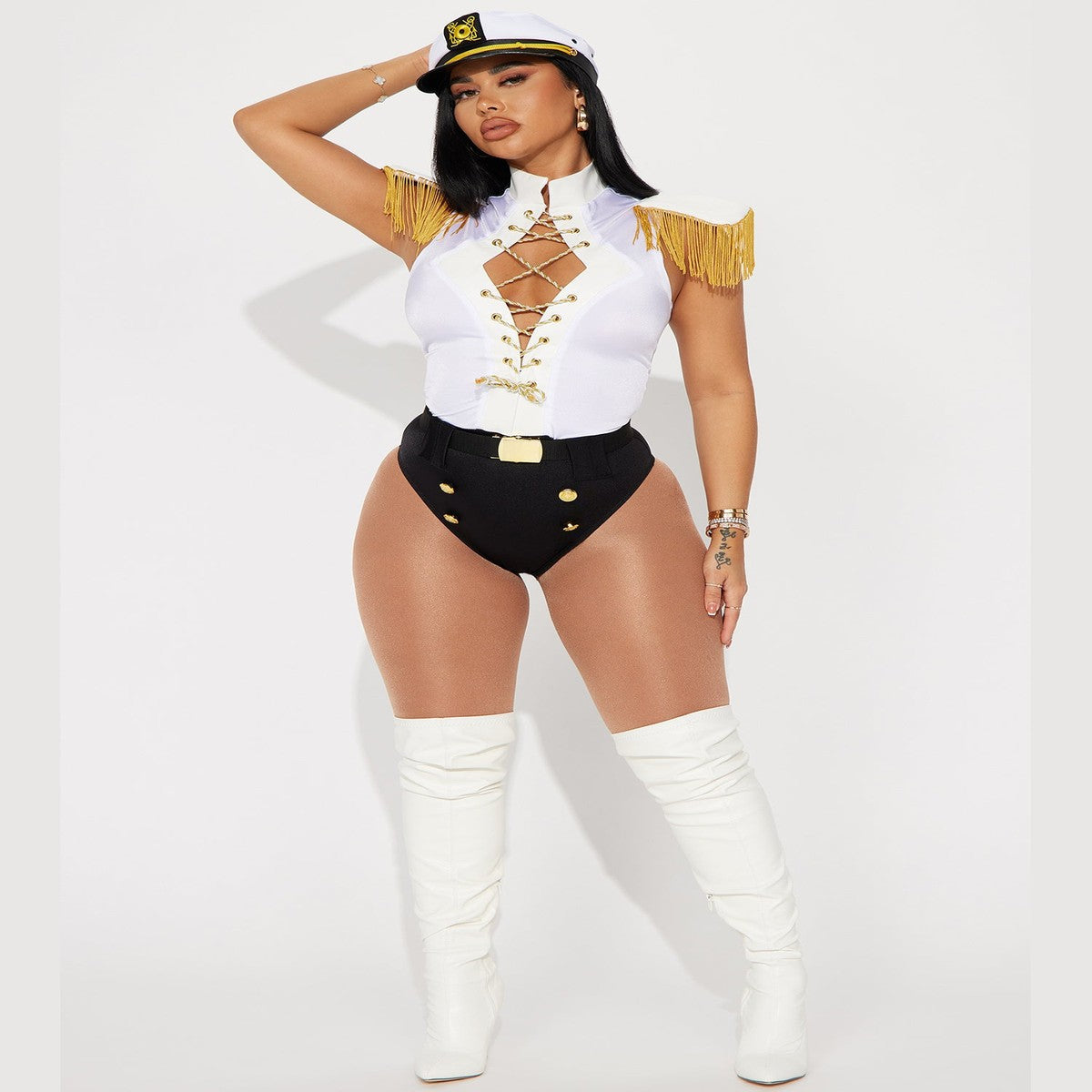 Womens Nautical Sailor Halloween Costume Set with Crop Top and High Waisted Shorts