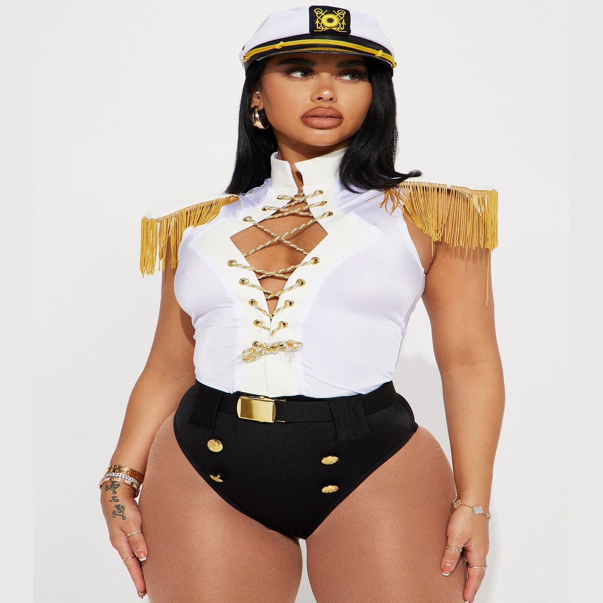 Womens Nautical Sailor Halloween Costume Set with Crop Top and High Waisted Shorts