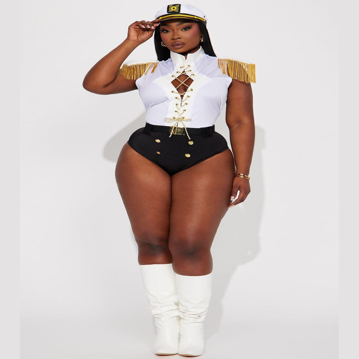 Womens Nautical Sailor Halloween Costume Set with Crop Top and High Waisted Shorts