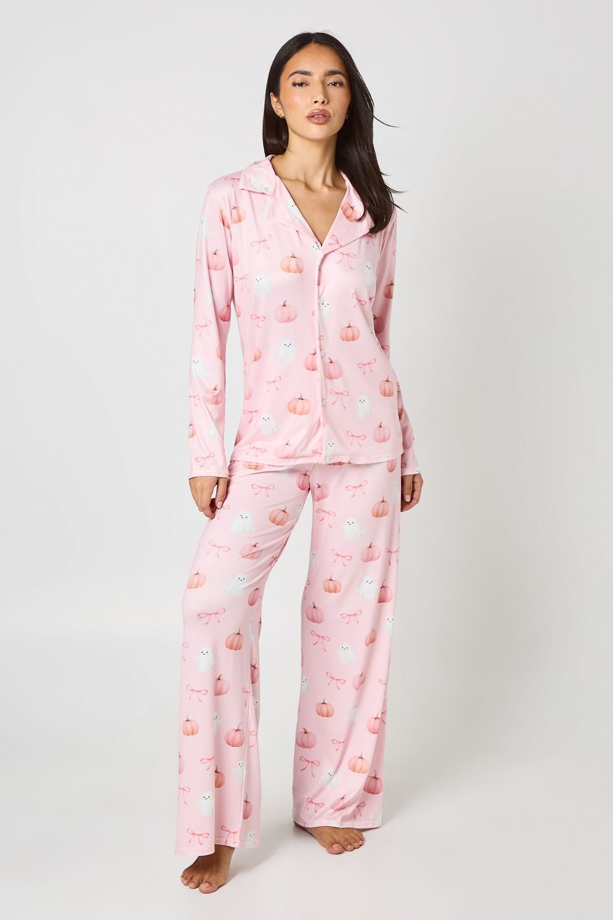 Pink Pumpkin and Ghost Pajama Set with Button Front Shirt and Wide Leg Trousers