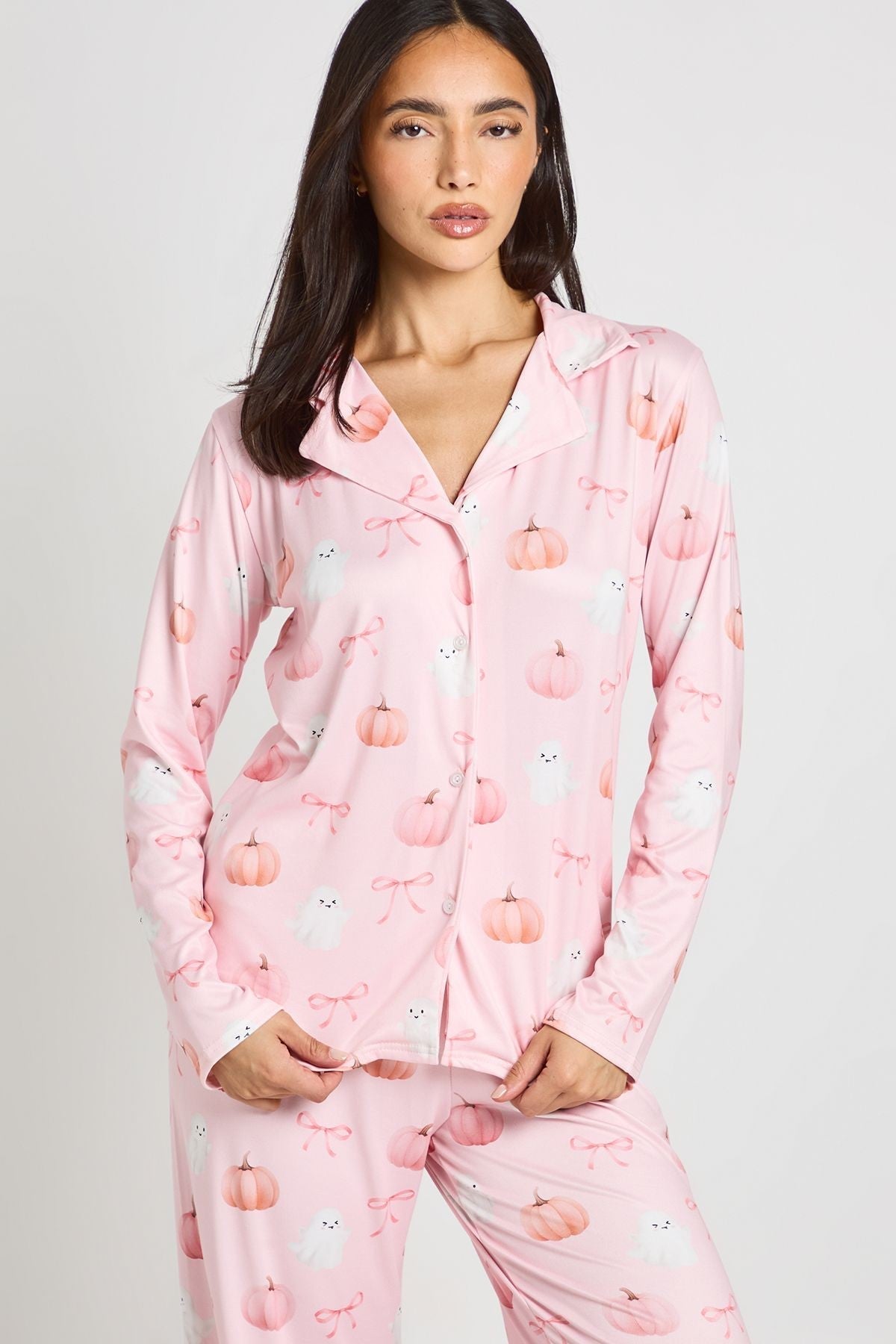 Pink Pumpkin and Ghost Pajama Set with Button Front Shirt and Wide Leg Trousers