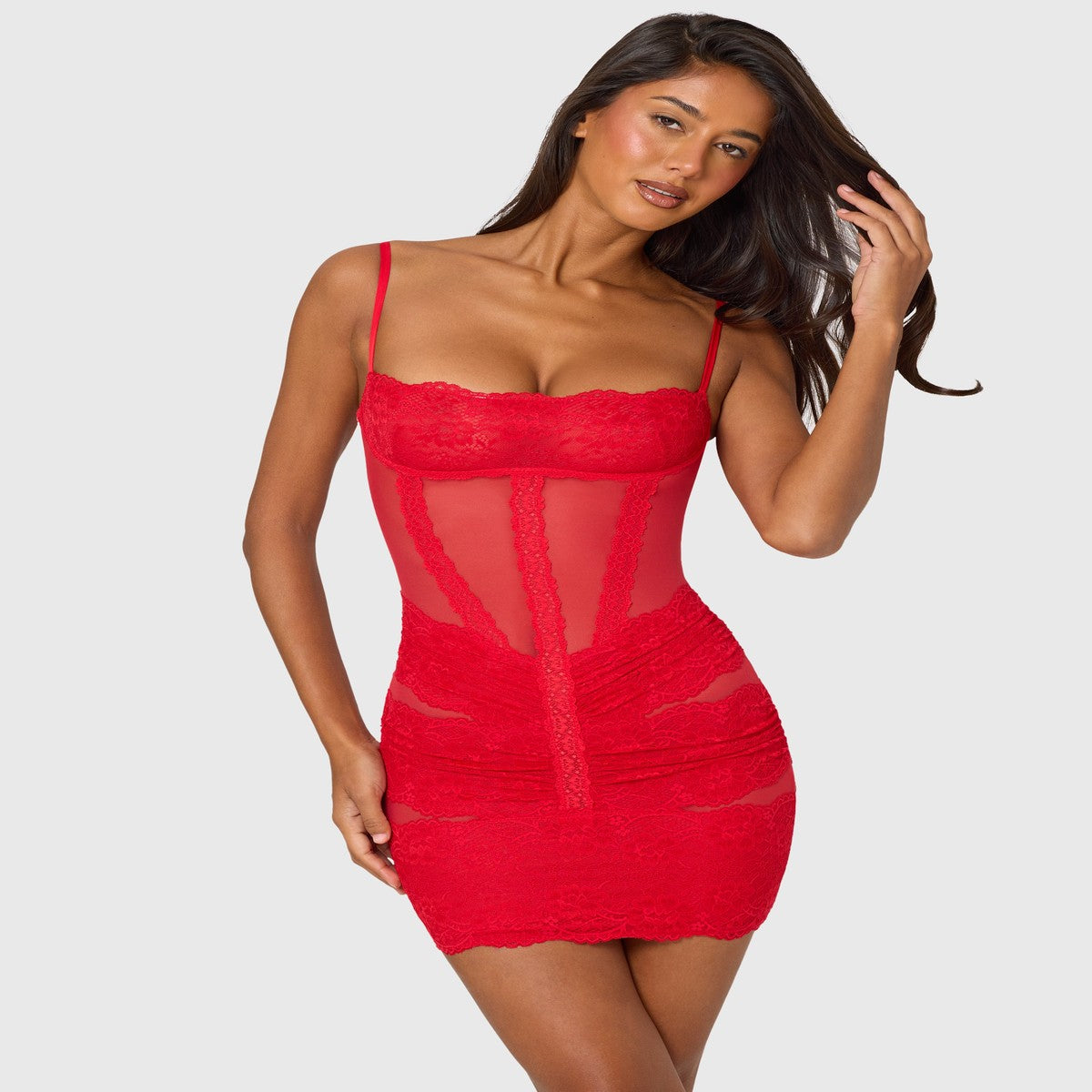 Red Short Sleeve Mini Cocktail Dress with Lace Trim Detailing