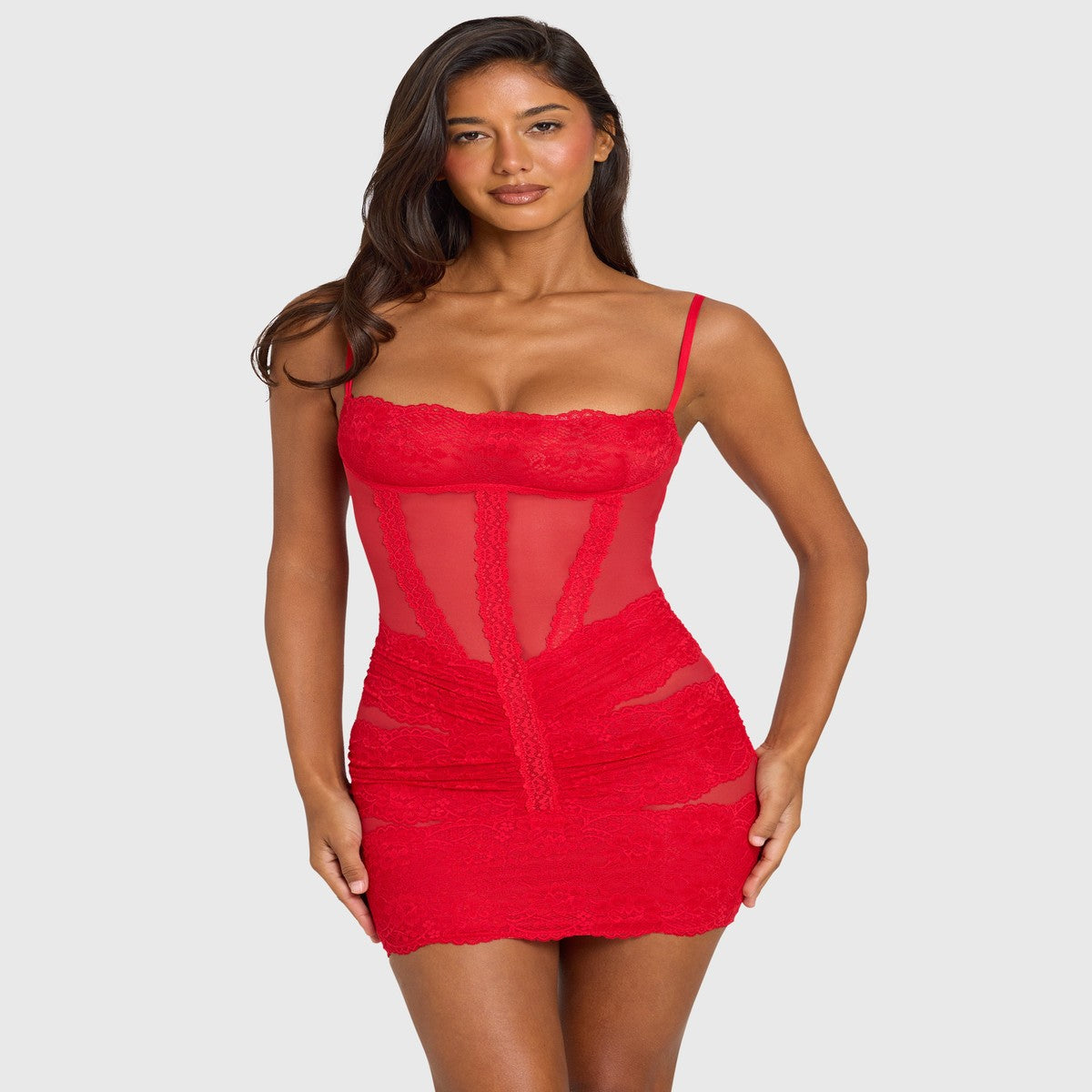 Red Short Sleeve Mini Cocktail Dress with Lace Trim Detailing