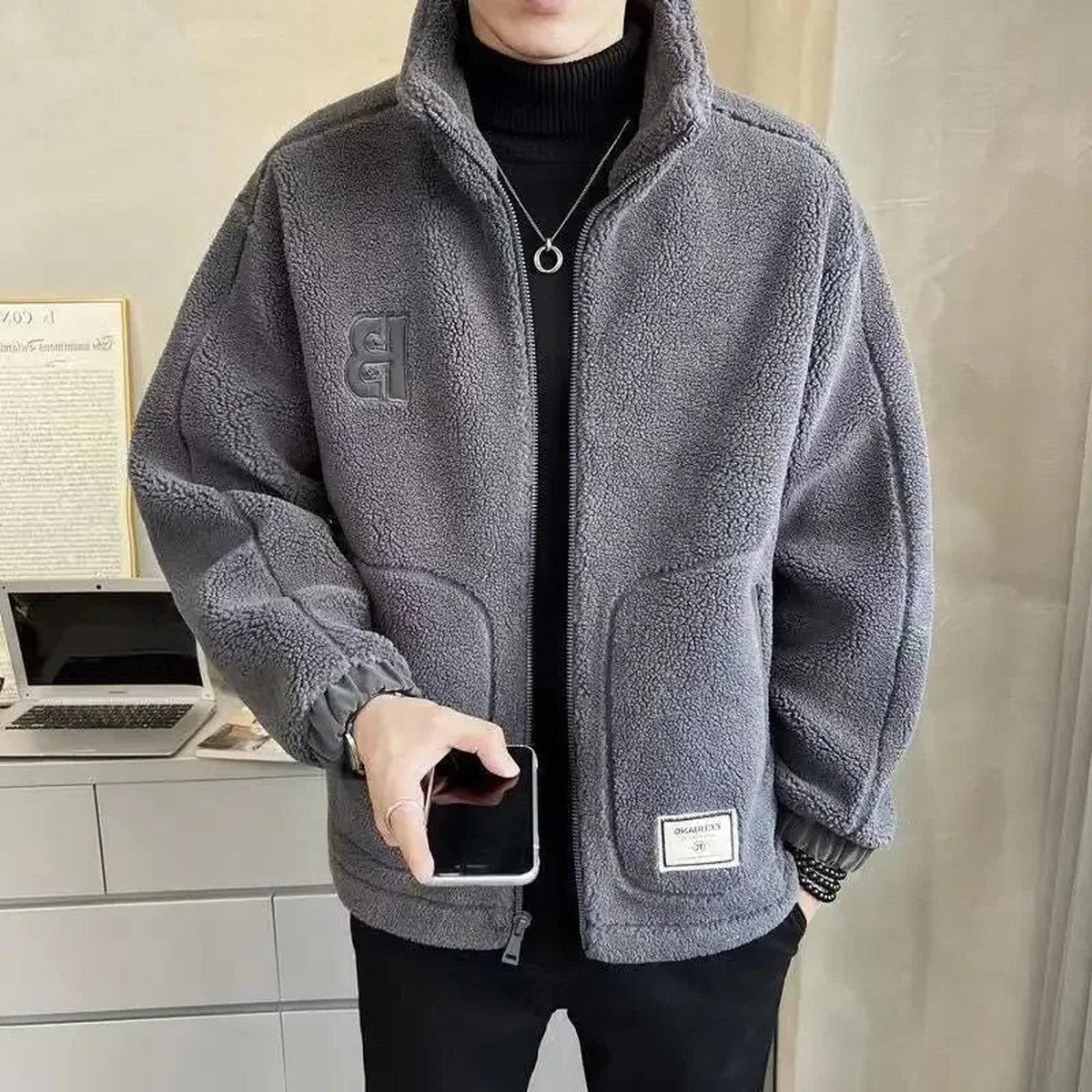 Men Warm Faux Wool Jacket with Full Zip Front and High Collar