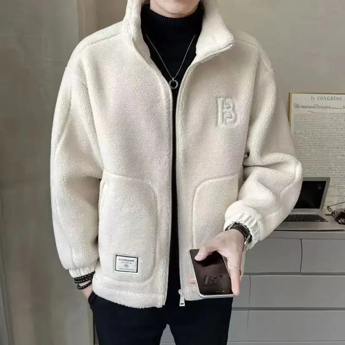 Men Warm Faux Wool Jacket with Full Zip Front and High Collar