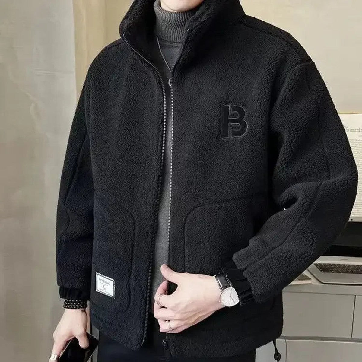 Men Warm Faux Wool Jacket with Full Zip Front and High Collar