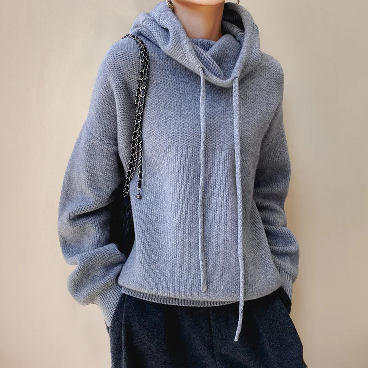 Long Sleeve High Neck Pullover Sweater with Ribbed Knit Detailing