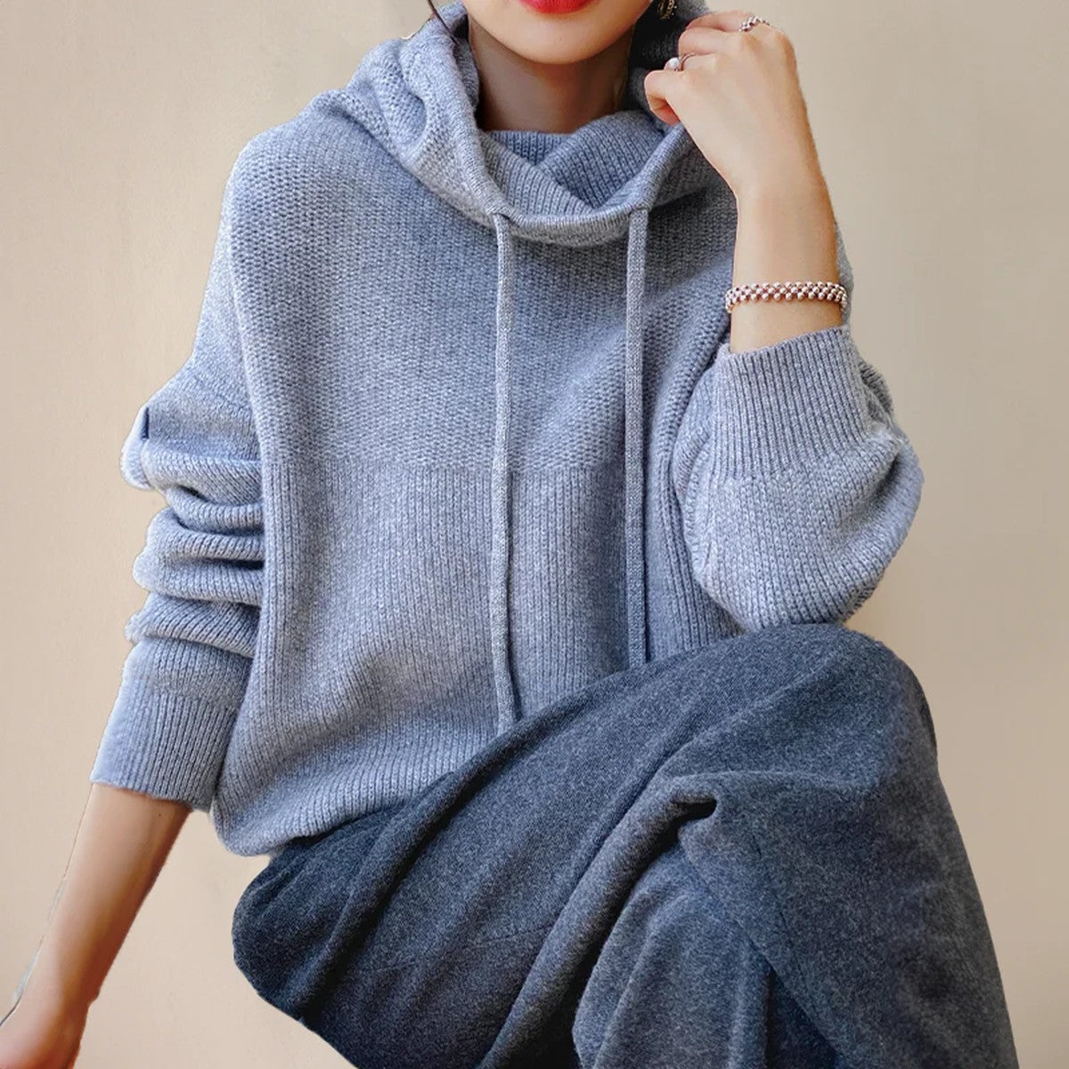 Long Sleeve High Neck Pullover Sweater with Ribbed Knit Detailing
