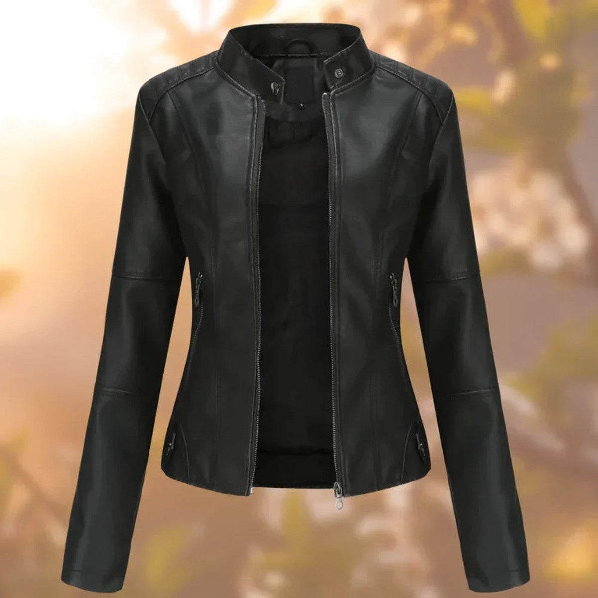 Women Faux Leather Biker Jacket with Asymmetrical Zip and Metal Studs