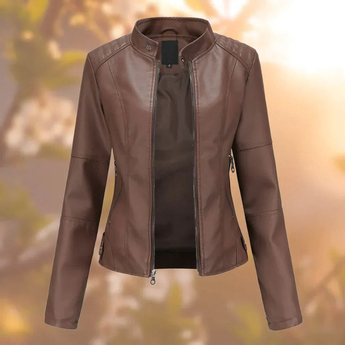 Women Faux Leather Biker Jacket with Asymmetrical Zip and Metal Studs