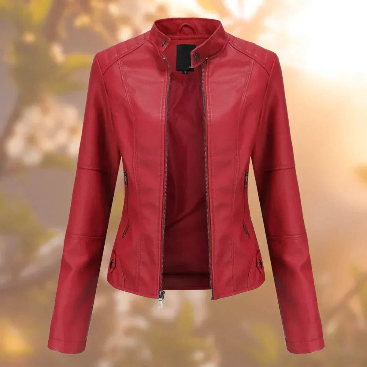 Women Faux Leather Biker Jacket with Asymmetrical Zip and Metal Studs
