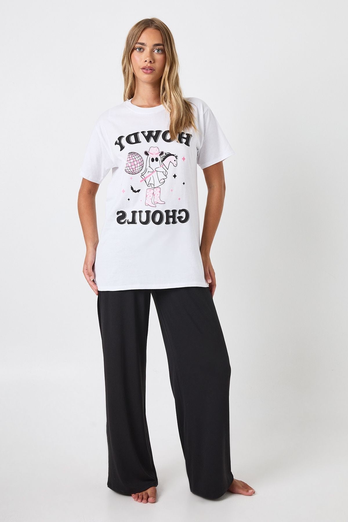 Cowboy Ghost Pajama Set with Oversized Tee and Wide Leg Trousers