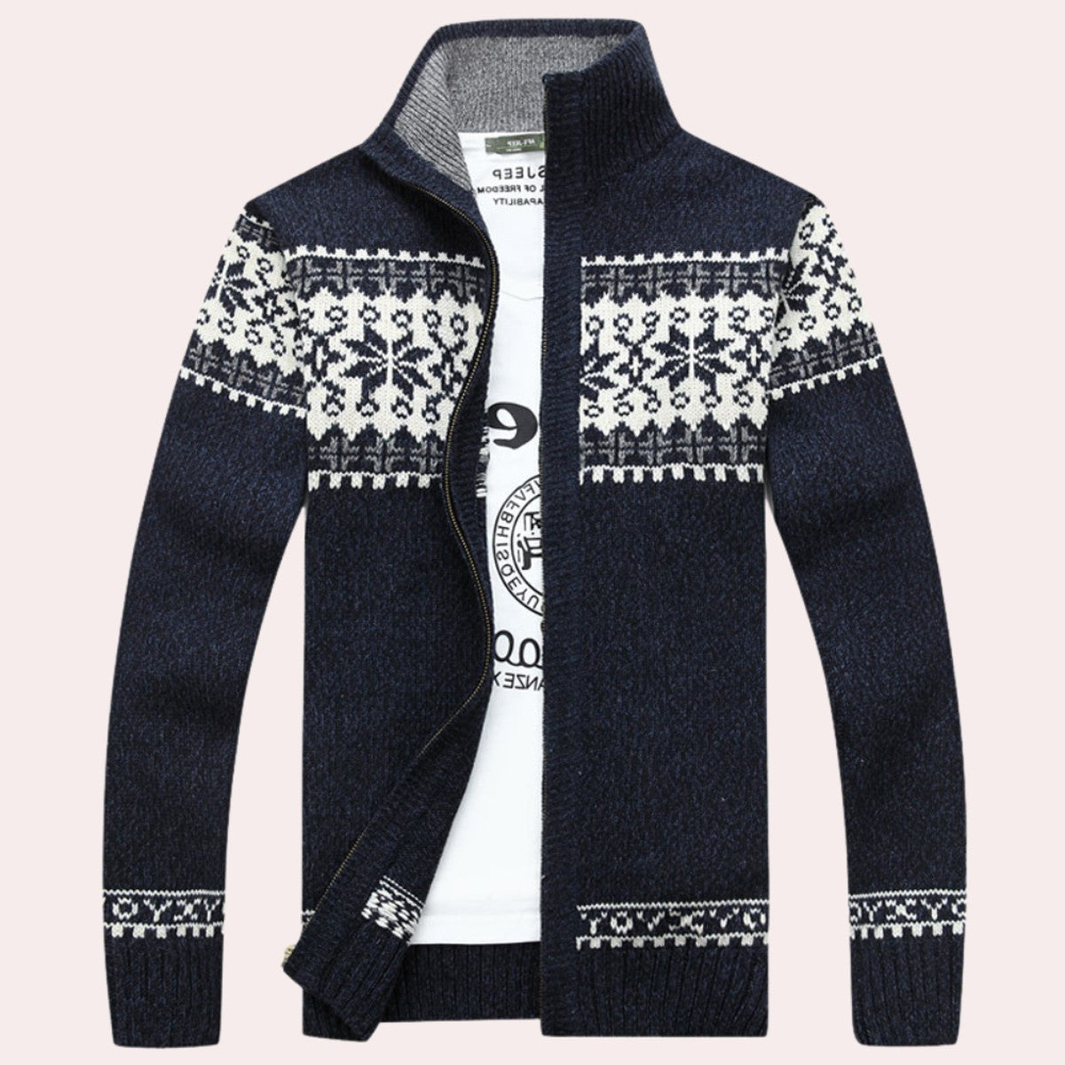 Fair Isle Knitted Cardigan Sweater with Full Zip and Ribbed Trim