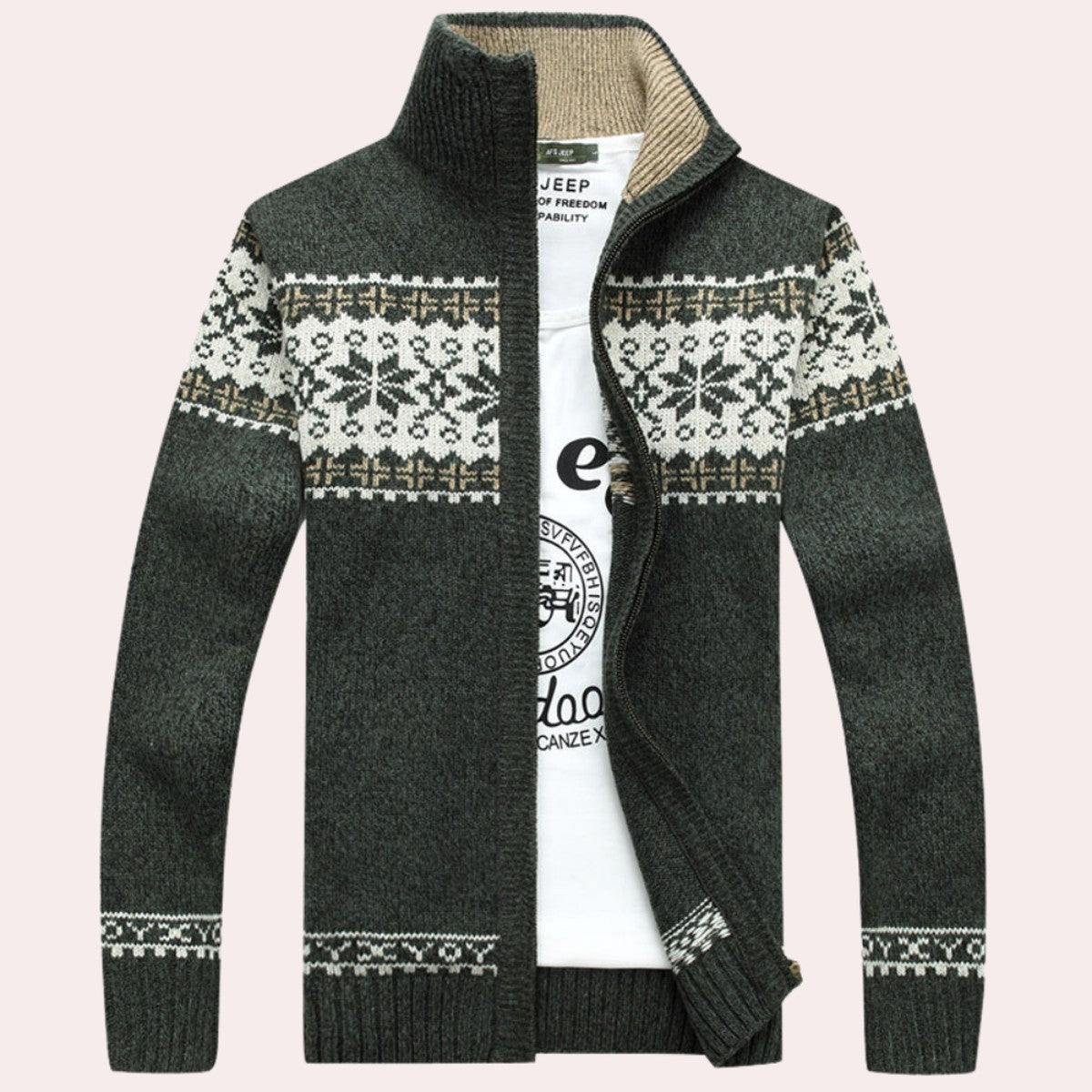 Fair Isle Knitted Cardigan Sweater with Full Zip and Ribbed Trim