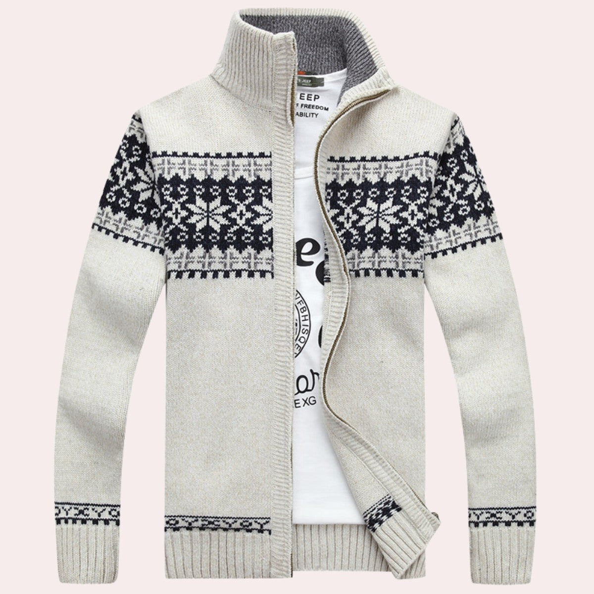 Fair Isle Knitted Cardigan Sweater with Full Zip and Ribbed Trim