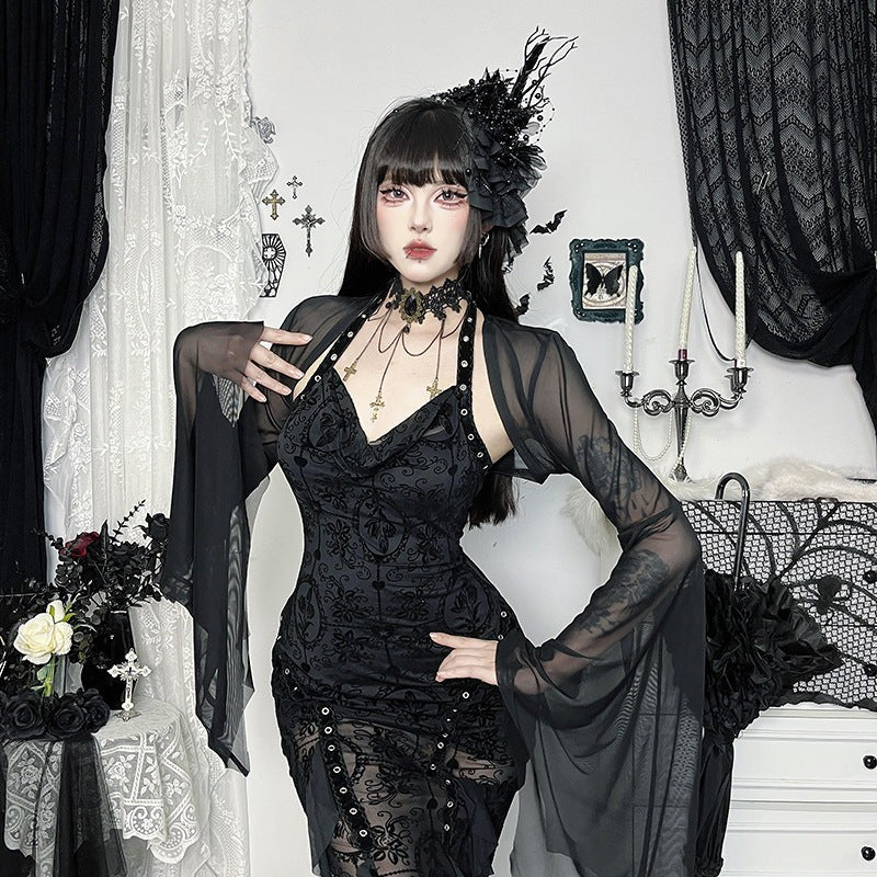 Mesh Crop Top with Flared Bat Sleeves for Gothic Costumes