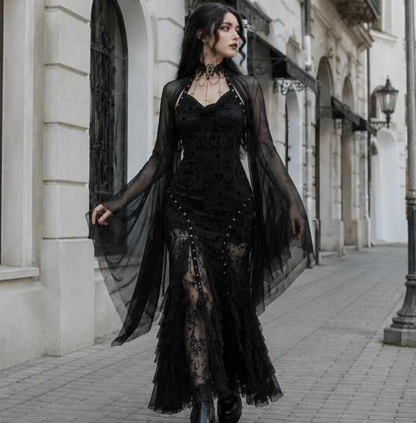 Mesh Crop Top with Flared Bat Sleeves for Gothic Costumes