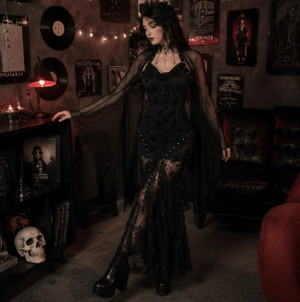 Mesh Crop Top with Flared Bat Sleeves for Gothic Costumes
