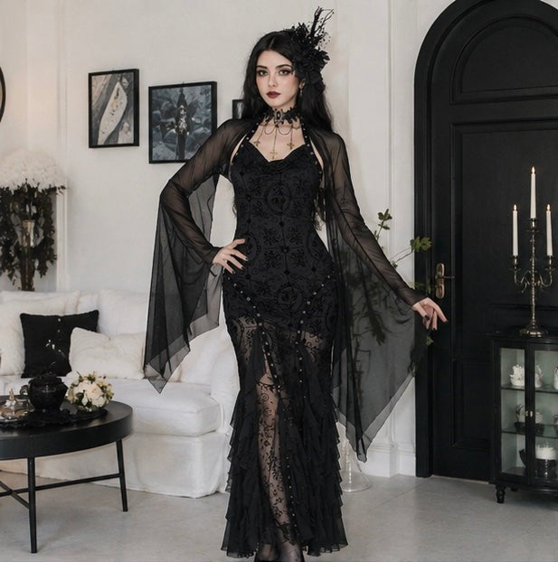 Mesh Crop Top with Flared Bat Sleeves for Gothic Costumes