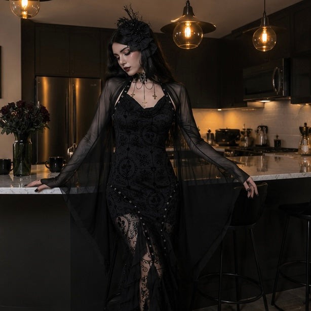 Mesh Crop Top with Flared Bat Sleeves for Gothic Costumes