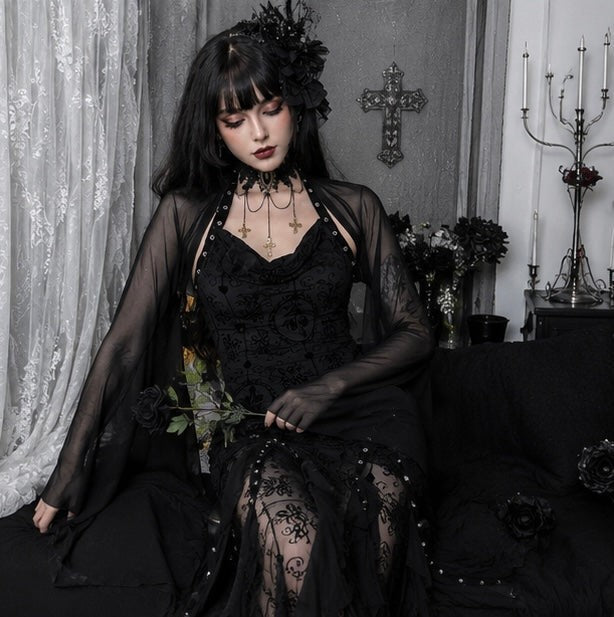 Mesh Crop Top with Flared Bat Sleeves for Gothic Costumes