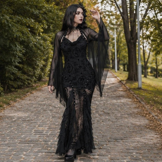 Mesh Crop Top with Flared Bat Sleeves for Gothic Costumes